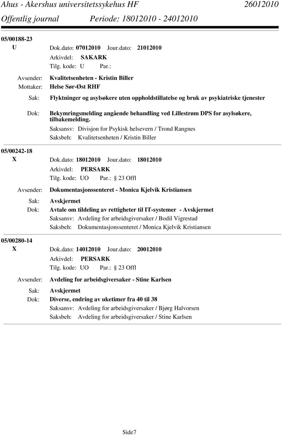 Lillestrøm DPS for asylsøkere, tilbakemelding. Saksansv: Divisjon for Psykisk helsevern / Trond Rangnes Saksbeh: Kvalitetsenheten / Kristin Biller 05/00242-18 X Dok.dato: 18012010 Jour.