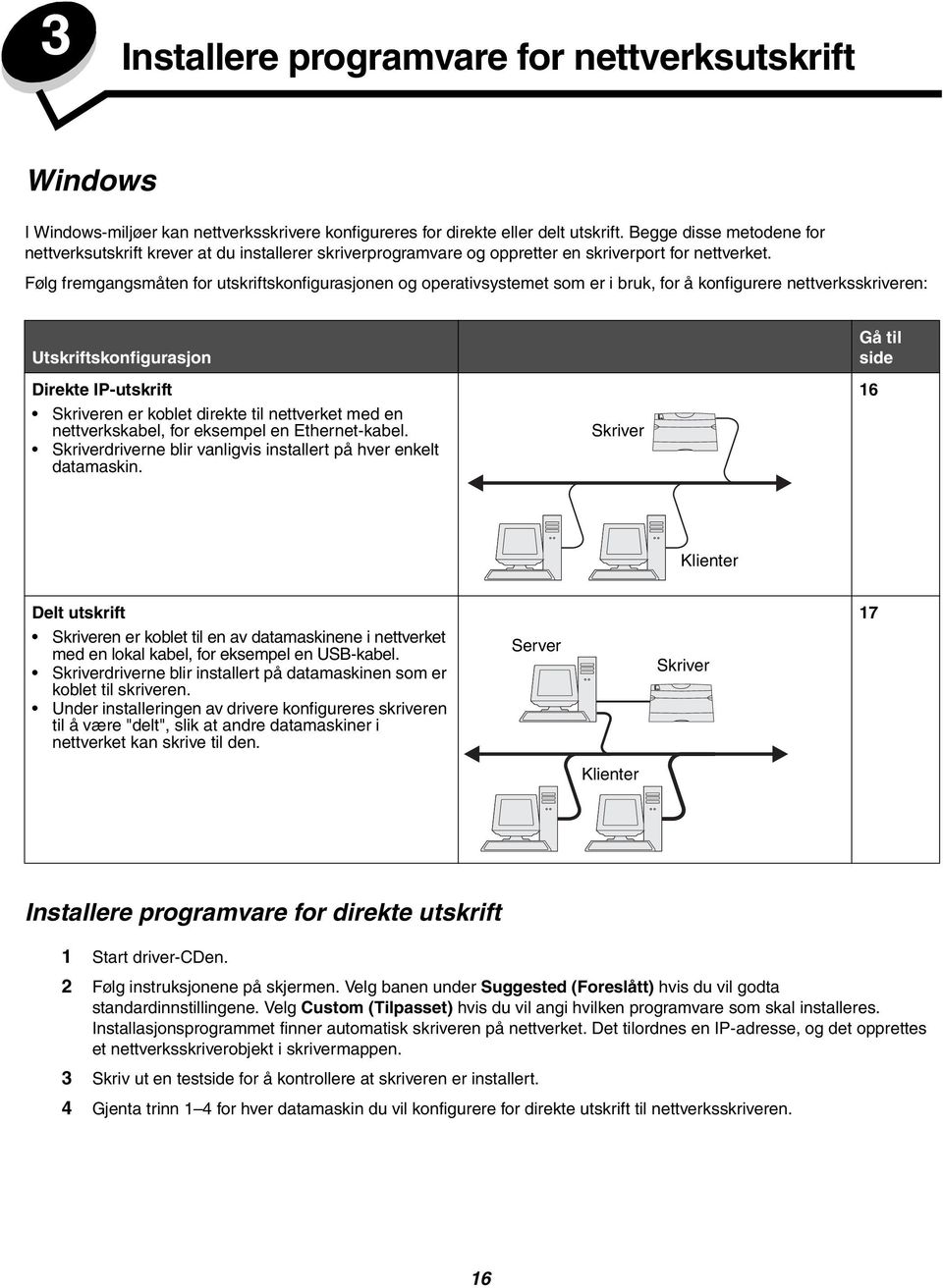 Følg fremgangsmåten for utskriftskonfigurasjonen og operativsystemet som er i bruk, for å konfigurere nettverksskriveren: Utskriftskonfigurasjon Direkte IP-utskrift Skriveren er koblet direkte til