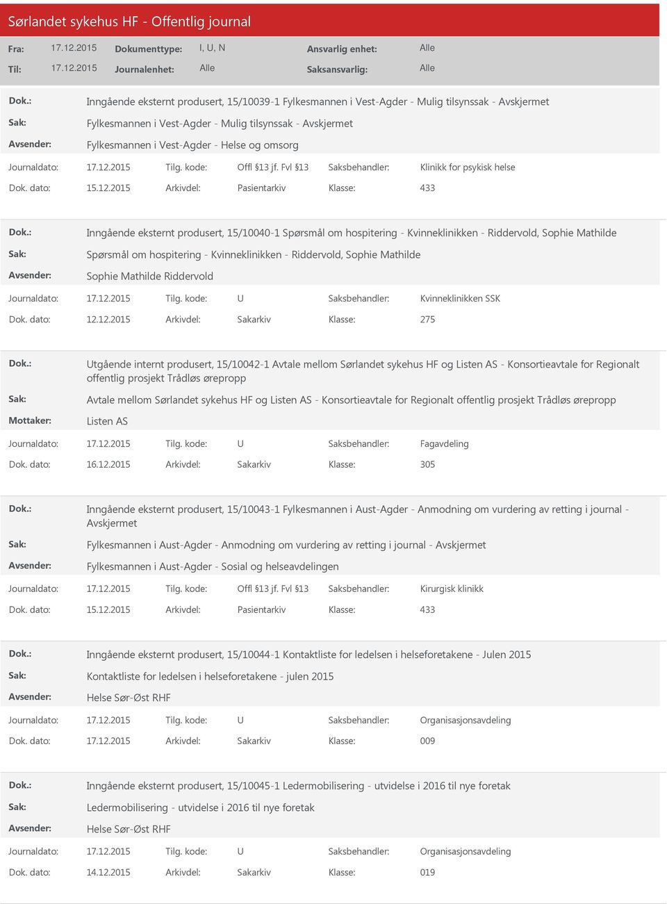 2015 Arkivdel: Pasientarkiv Inngående eksternt produsert, 15/10040-1 Spørsmål om hospitering - Kvinneklinikken - Riddervold, Sophie Mathilde Spørsmål om hospitering - Kvinneklinikken - Riddervold,