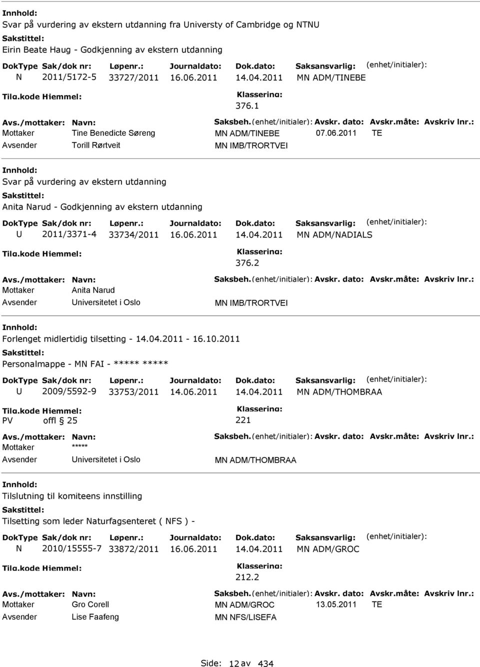 2011 TE Torill Rørtveit MN MB/TRORTVE Svar på vurdering av ekstern utdanning Anita Narud - Godkjenning av ekstern utdanning 2011/3371-4 33734/2011 14.04.2011 376.