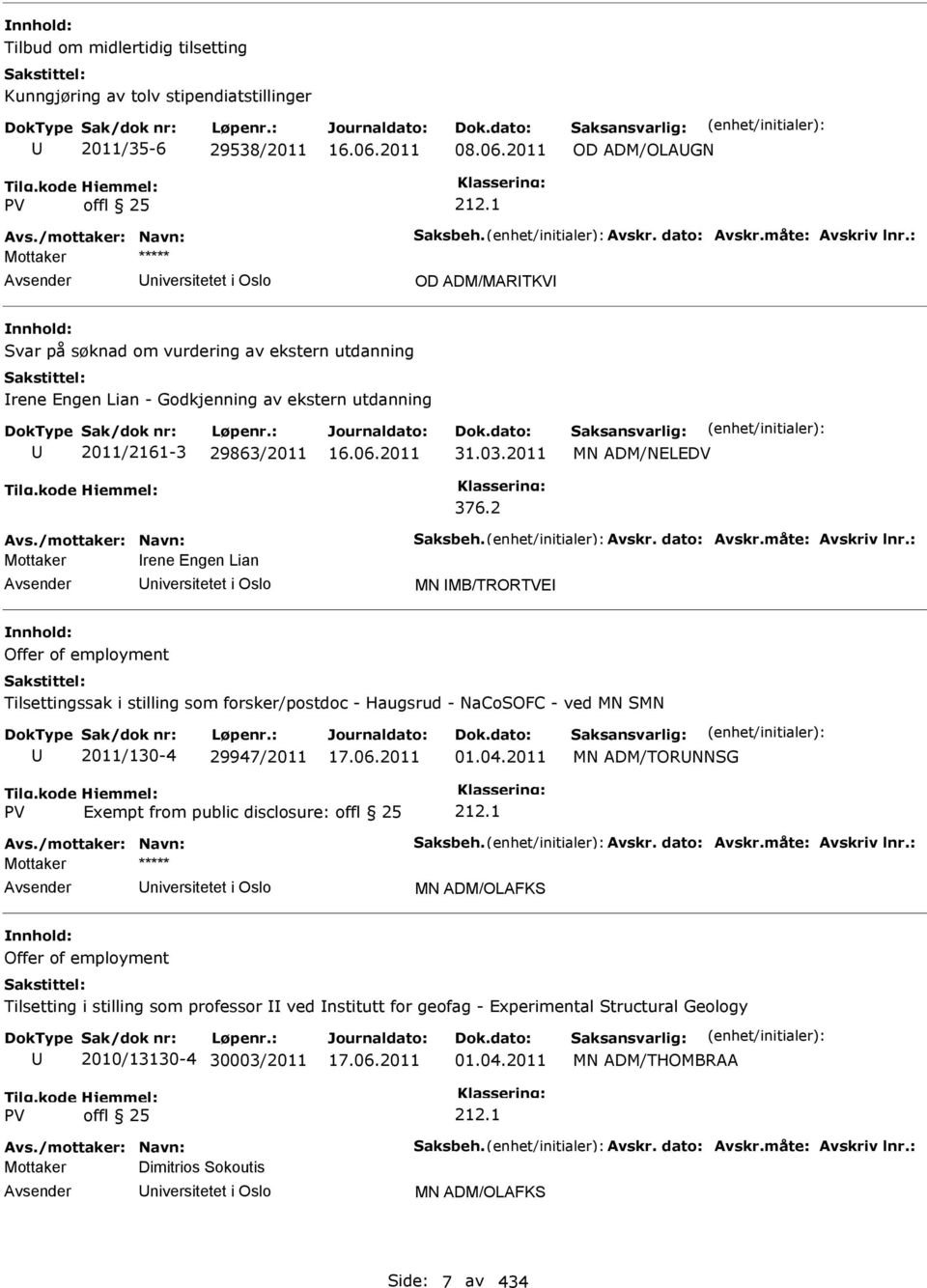 2 Mottaker rene Engen Lian niversitetet i Oslo MN MB/TRORTVE Offer of employment Tilsettingssak i stilling som forsker/postdoc - Haugsrud - NaCoSOFC - ved MN SMN 2011/130-4 29947/2011 01.04.