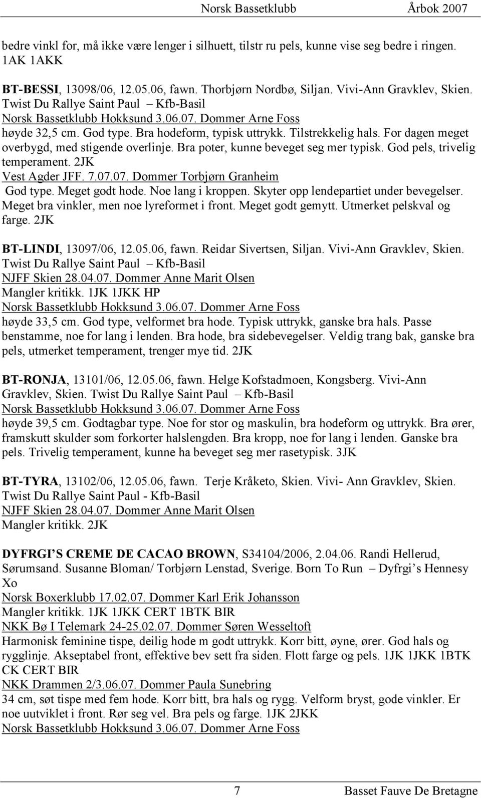 Bra poter, kunne beveget seg mer typisk. God pels, trivelig temperament. 2JK Vest Agder JFF. 7.07.07. Dommer Torbjørn Granheim God type. Meget godt hode. Noe lang i kroppen.