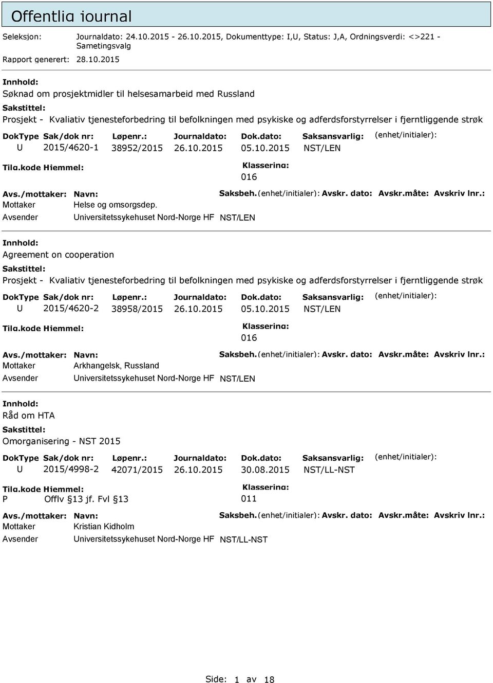 2015 Søknad om prosjektmidler til helsesamarbeid med Russland rosjekt - Kvaliativ tjenesteforbedring til befolkningen med psykiske og adferdsforstyrrelser i fjerntliggende strøk 2015/4620-1