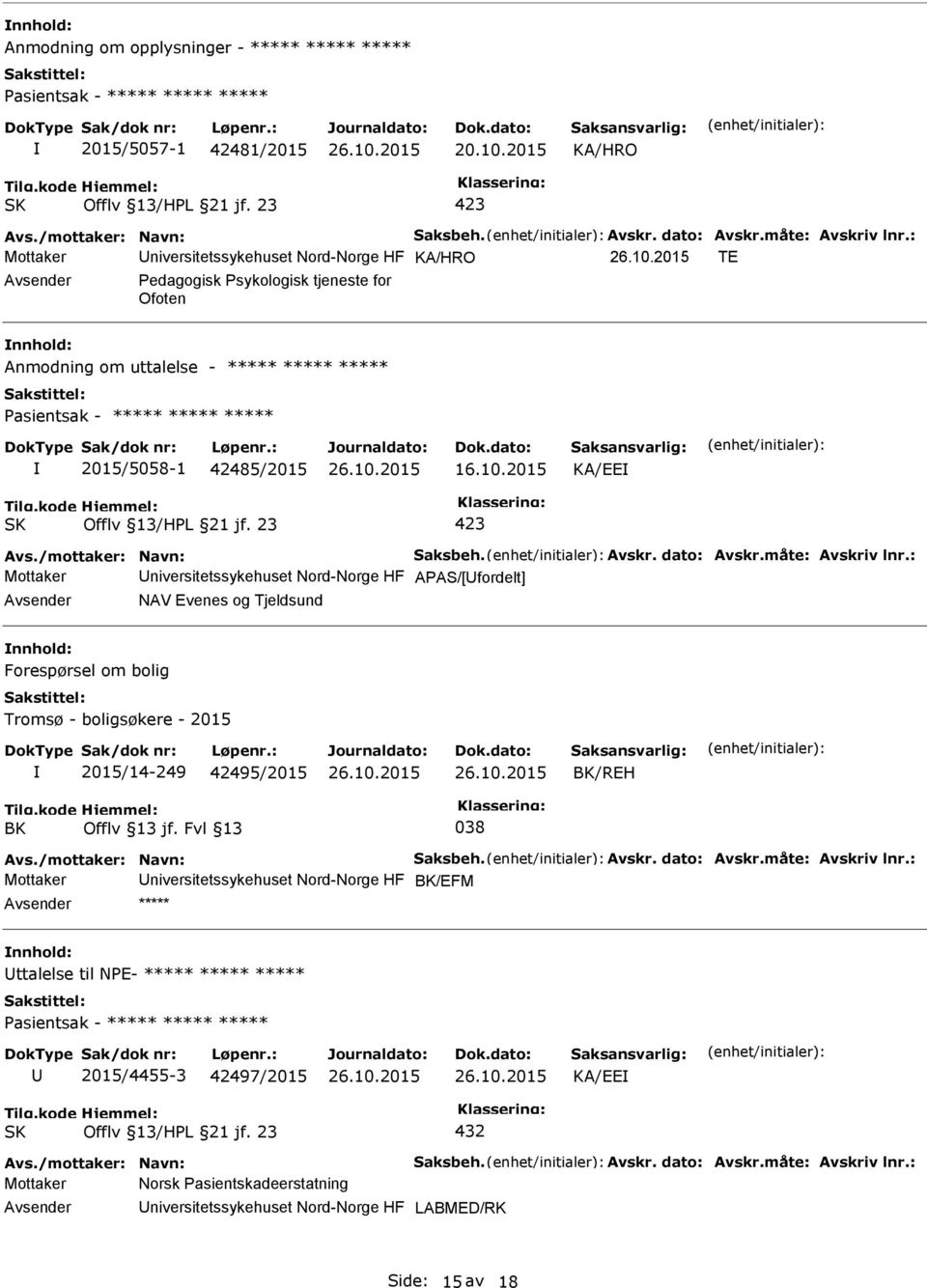 2015 KA/EE Avs./mottaker: Navn: Saksbeh. Avskr. dato: Avskr.måte: Avskriv lnr.