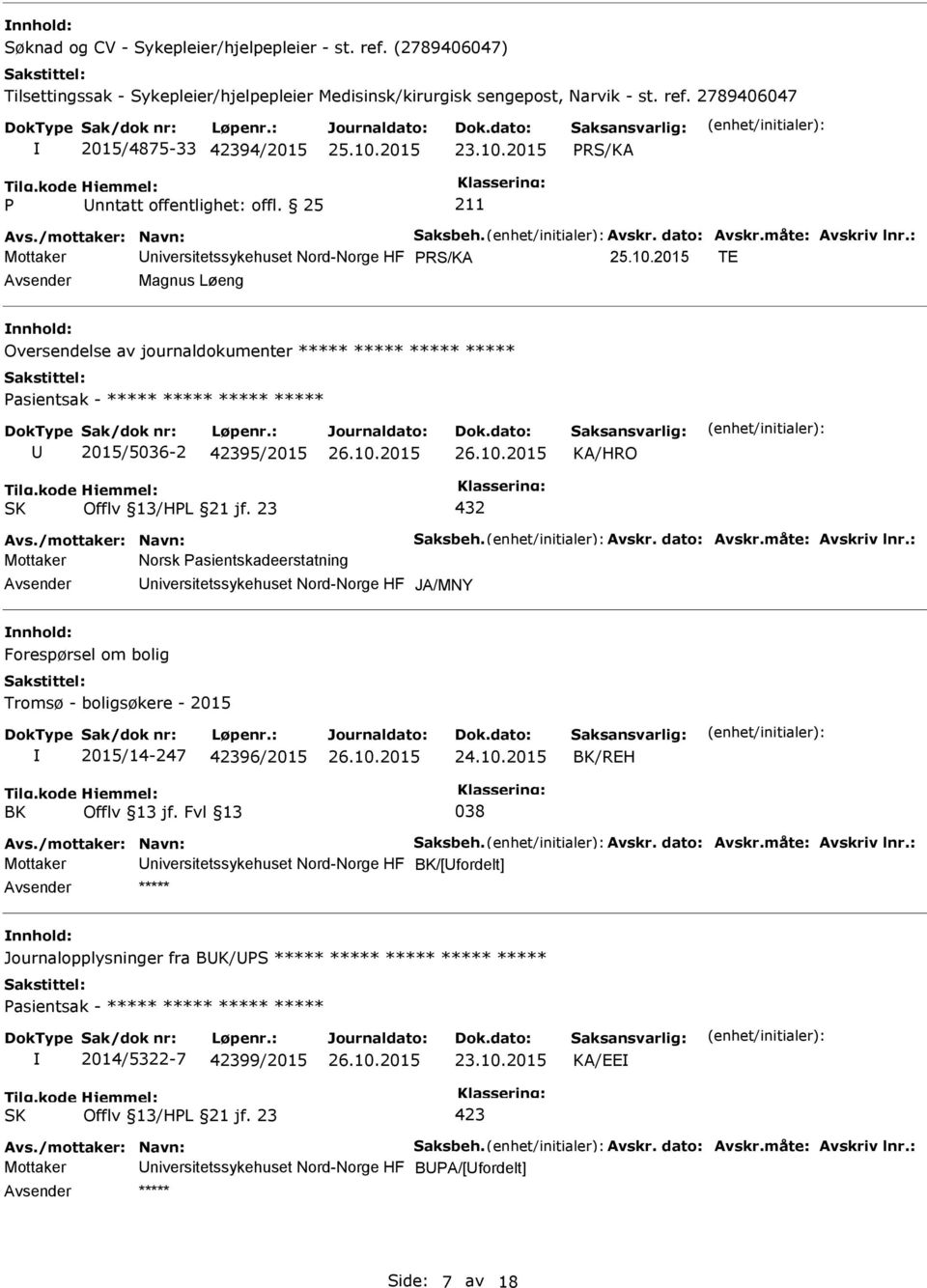 : Mottaker niversitetssykehuset Nord-Norge HF TE Magnus Løeng Oversendelse av journaldokumenter ***** ***** ***** ***** 2015/5036-2 95/2015 Avs./mottaker: Navn: Saksbeh. Avskr. dato: Avskr.