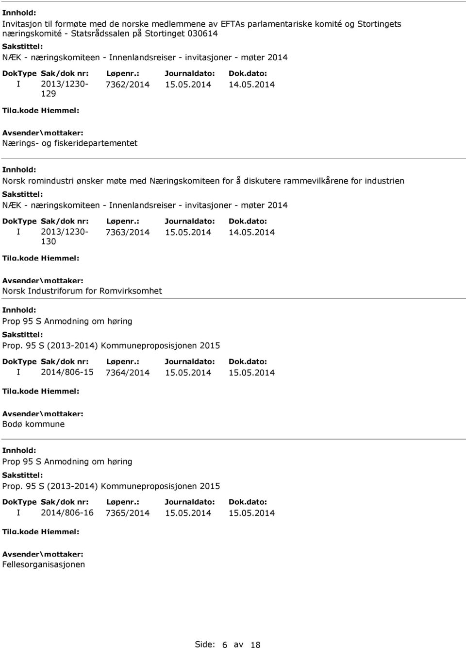 : 7362/2014 Nærings- og fiskeridepartementet Norsk romindustri ønsker møte med Næringskomiteen for å diskutere rammevilkårene for industrien NÆK -