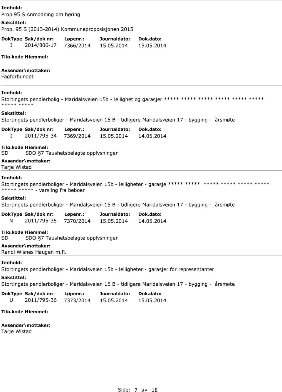 kode SD Hjemmel: SDO 7 Taushetsbelagte opplysninger Tarje Wistad Stortingets pendlerboliger - Maridalsveien 15b - leiligheter - garasje ***** ***** ***** ***** ***** ***** ***** ***** - varsling fra