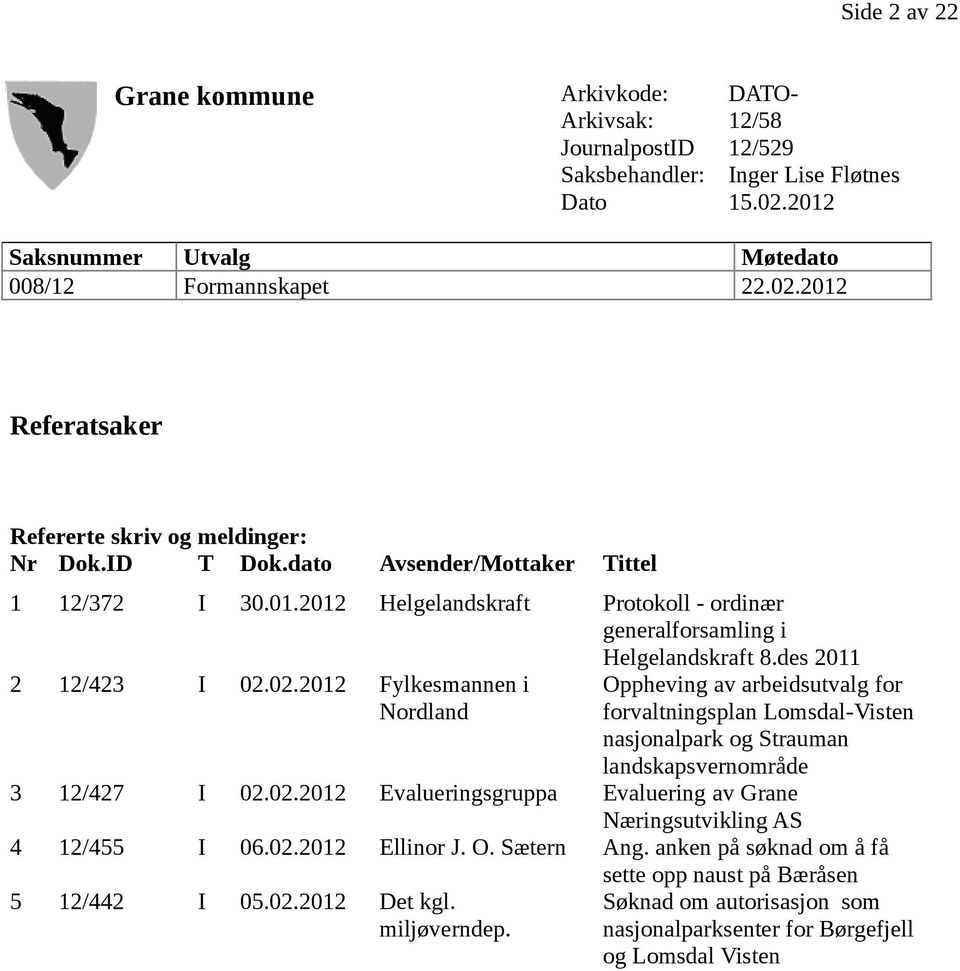 des 2011 Oppheving av arbeidsutvalg for forvaltningsplan Lomsdal-Visten nasjonalpark og Strauman landskapsvernområde 3 12/427 I 02.