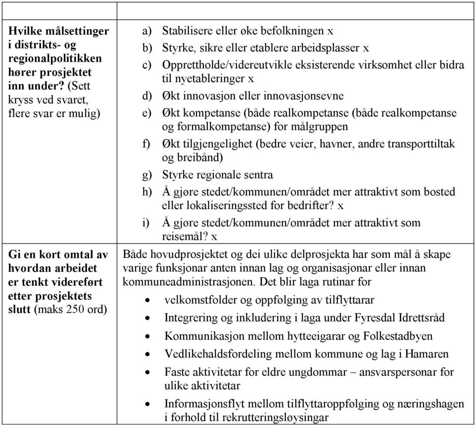 eller etablere arbeidsplasser x c) Opprettholde/videreutvikle eksisterende virksomhet eller bidra til nyetableringer x d) Økt innovasjon eller innovasjonsevne e) Økt kompetanse (både realkompetanse