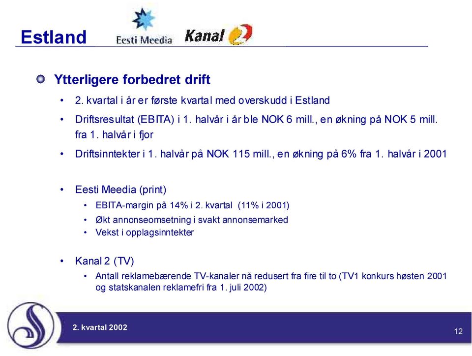 , en økning på 6% fra 1. halvår i 2001 Eesti Meedia (print) EBITA-margin på 14% i 2.