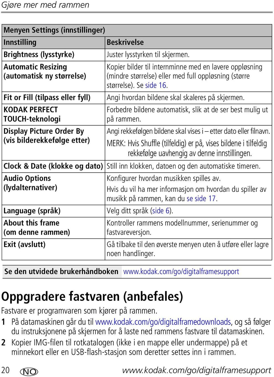 Kopier bilder til internminne med en lavere oppløsning (mindre størrelse) eller med full oppløsning (større størrelse). Se side 16. Angi hvordan bildene skal skaleres på skjermen.