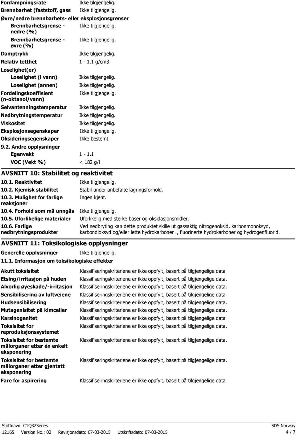 Andre opplysninger Egenvekt 1 1.1 VOC (Vekt %) 1 1.1 g/cm3 Ikke bestemt < 182 g/l AVSNITT 10: Stabilitet og reaktivitet 10.1. Reaktivitet 10.2. Kjemisk stabilitet Stabil under anbefalte lagringsforhold.