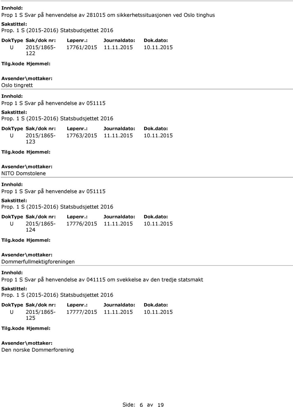 på henvendelse av 051115 2015/1865-124 17776/2015 Dommerfullmektigforeningen Prop 1 S Svar på henvendelse