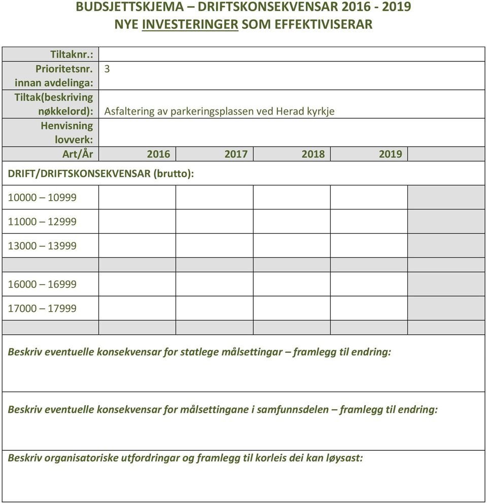 DRIFT/DRIFTSKONSEKVENSAR (brutto): 10000 10999 11000 12999 13000 13999 16000 16999 17000 17999 Beskriv eventuelle