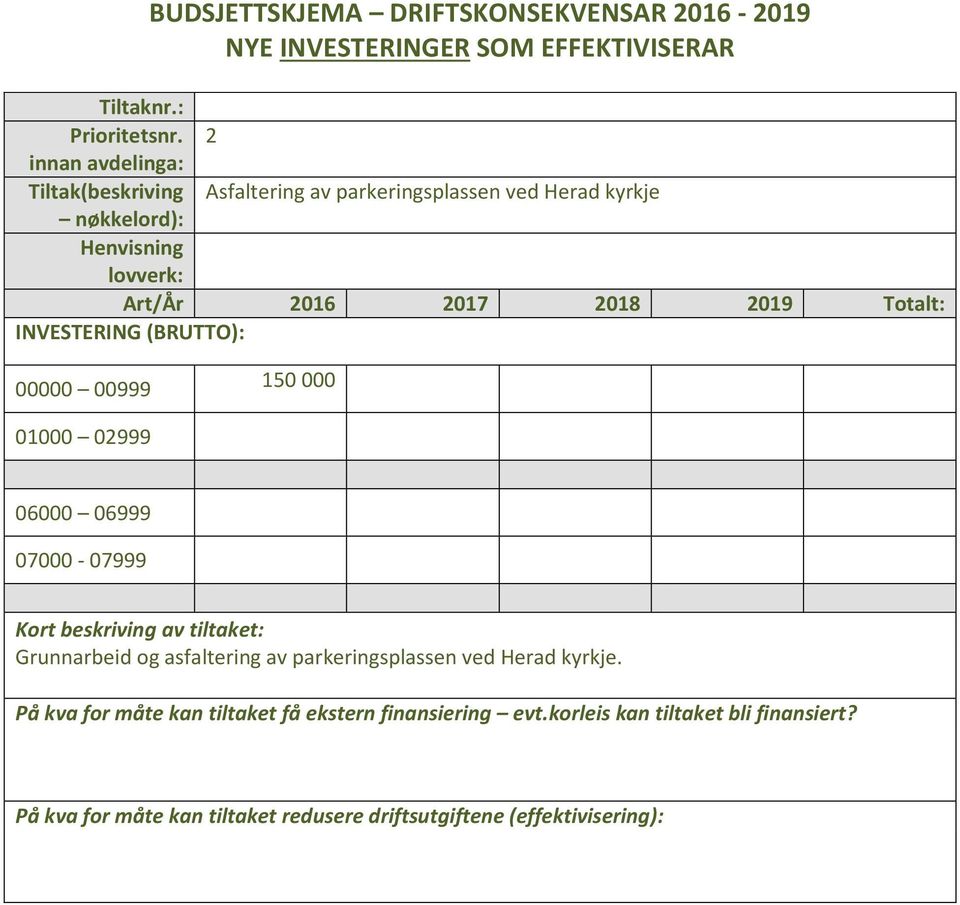 INVESTERING (BRUTTO): 00000 00999 150 000 01000 02999 06000 06999 07000-07999 Kort beskriving av tiltaket: