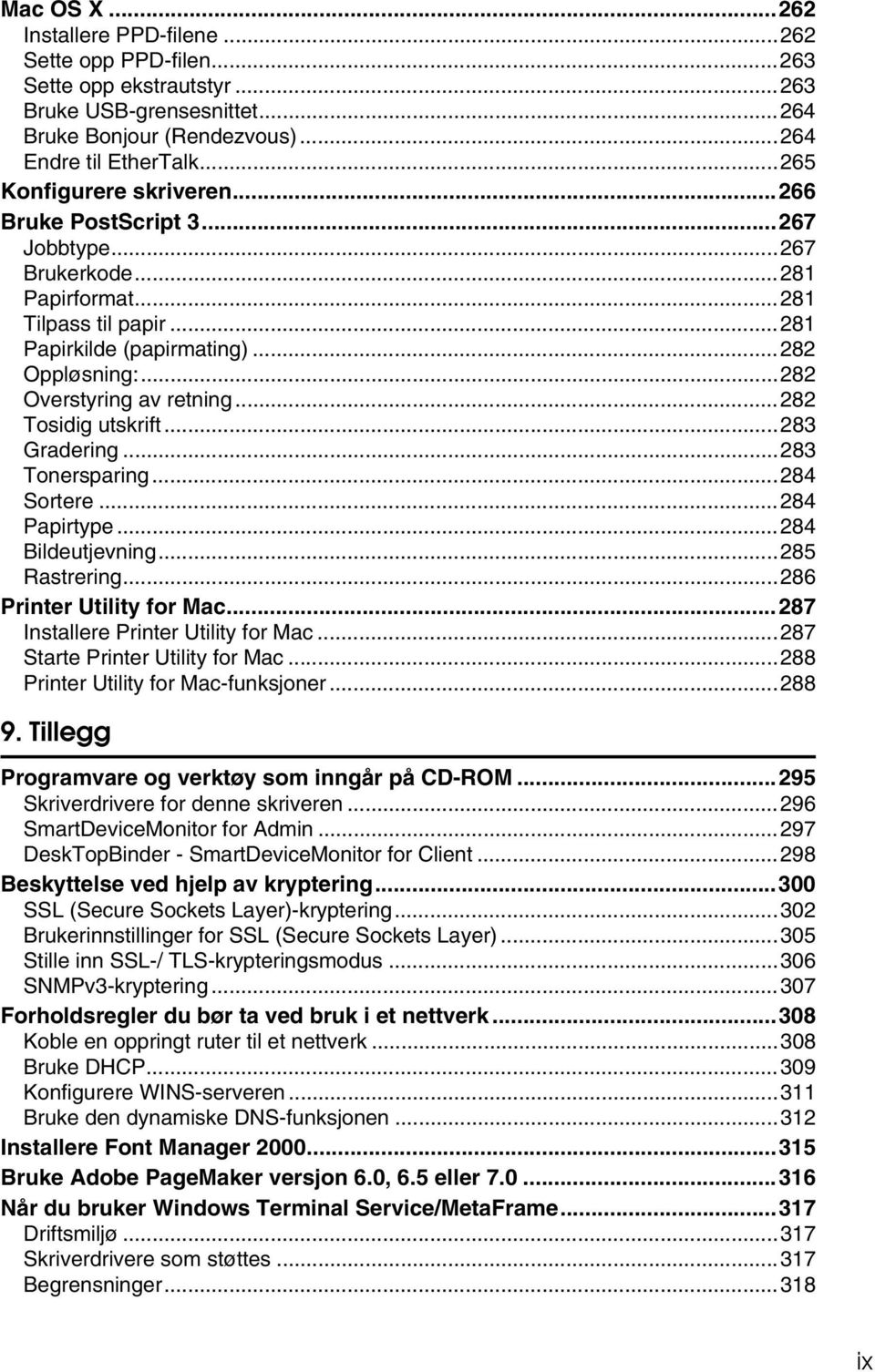 ..282 Overstyring av retning...282 Tosidig utskrift...283 Gradering...283 Tonersparing...284 Sortere...284 Papirtype...284 Bildeutjevning...285 Rastrering...286 Printer Utility for Mac.