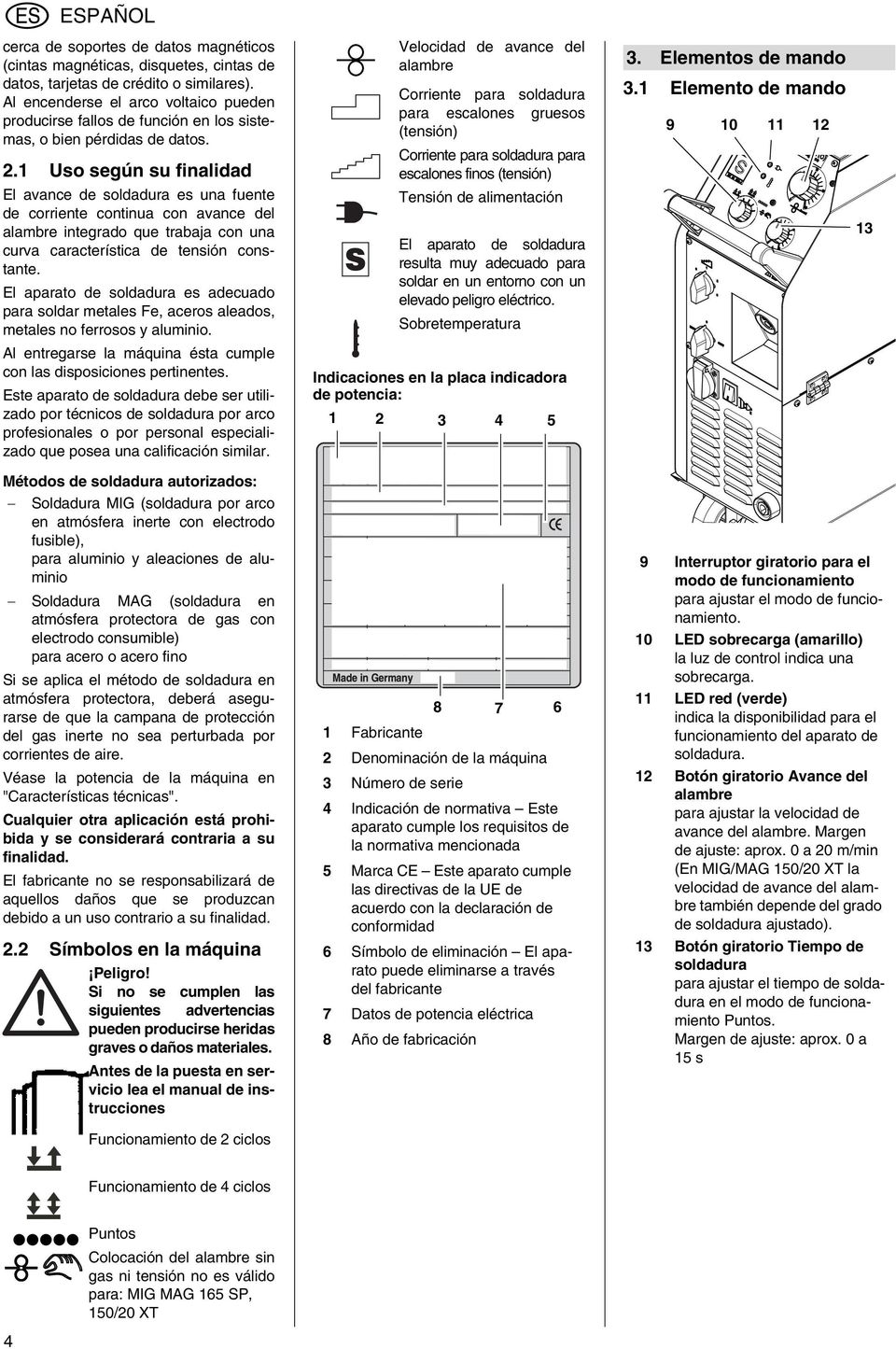 1 Uso según su finalidad El avance de soldadura es una fuente de corriente continua con avance del alambre integrado que trabaja con una curva característica de tensión constante.