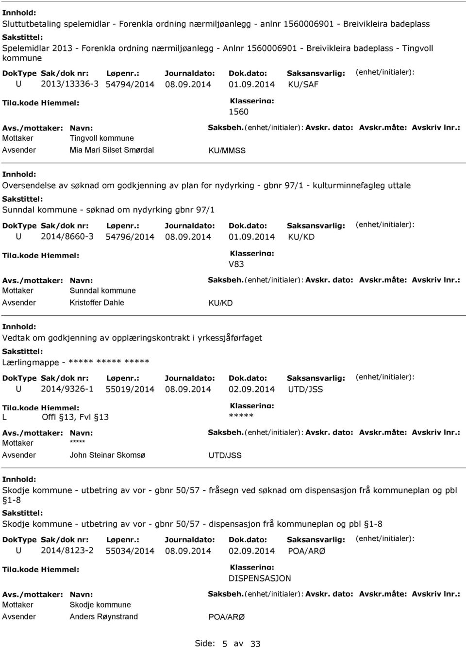 2014 K/SAF 1560 Mottaker Tingvoll kommune Mia Mari Silset Smørdal K/MMSS Oversendelse av søknad om godkjenning av plan for nydyrking - gbnr 97/1 - kulturminnefagleg uttale Sunndal kommune - søknad om