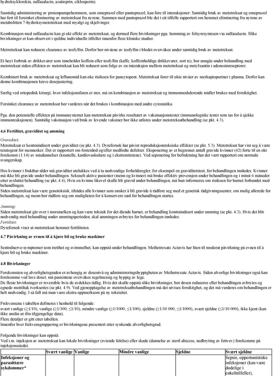 fra nyrene. Sammen med pantoprazol ble det i ett tilfelle rapportert om hemmet eliminering fra nyrene av metabolitten 7-hydroksymetotreksat med myalgi og skjelvinger.