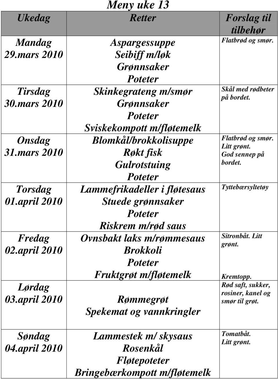 Gulrotstuing Lammefrikad i fløtesaus Stuede grønnsaker Riskrem m/rød saus Ovnsbakt laks m/rømmesaus Brokkoli Fruktgrøt