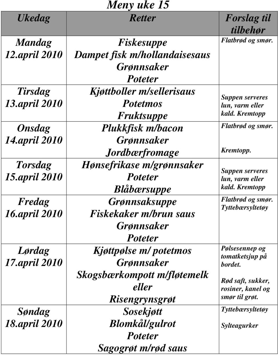 Jordbærfromage Hønsefrikase m/grønnsaker Blåbærsuppe Grønnsaksuppe Fiskekaker m/brun saus Kjøttpølse m/ potetmos