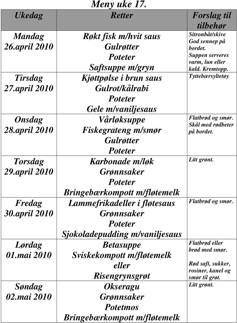 Vårløksuppe Fiskegrateng m/smør Karbonade m/løk Lammefrikad i fløtesaus Sjokoladepudding m/vaniljesaus