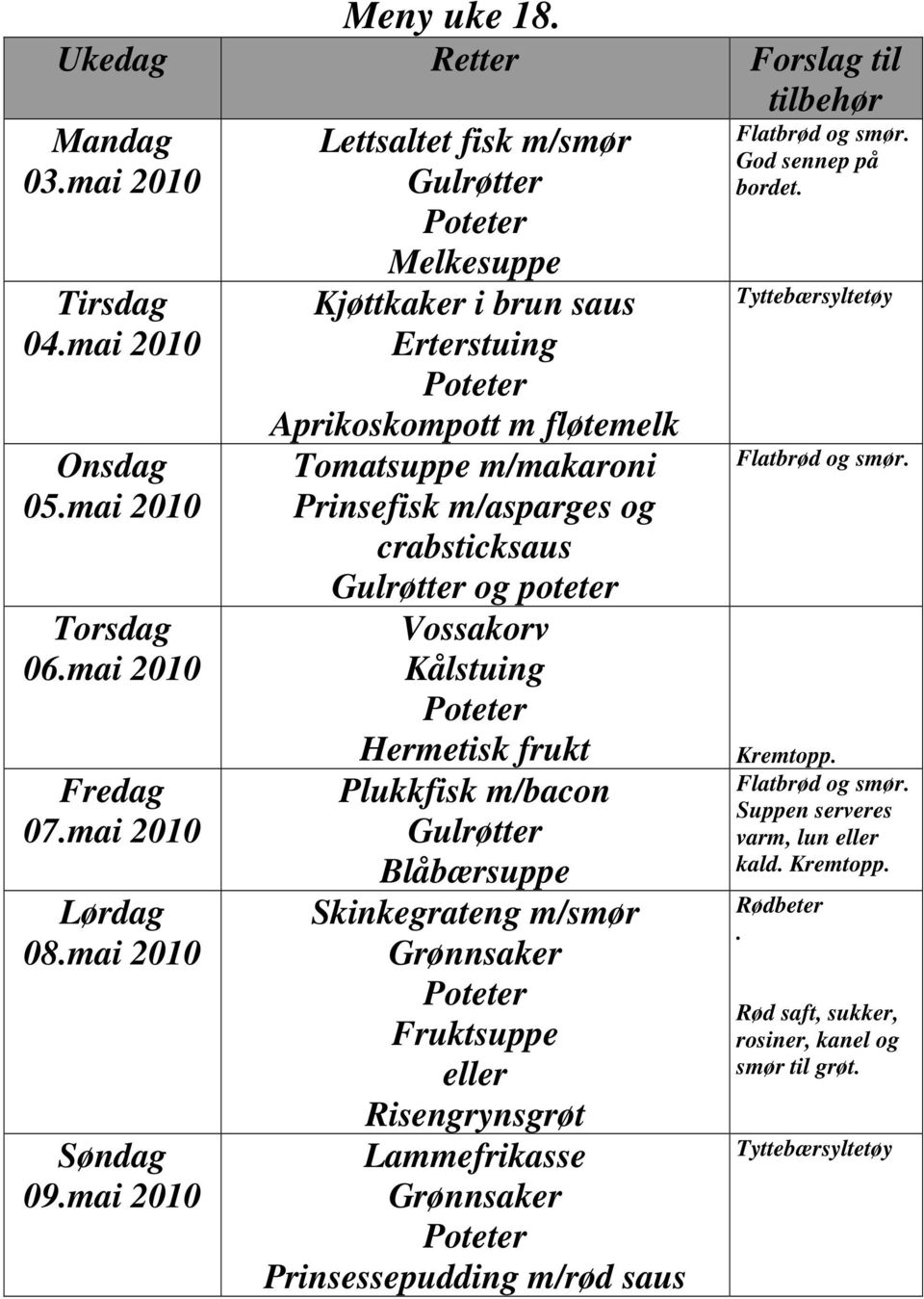 m/makaroni Prinsefisk m/asparges og crabsticksaus og poteter Vossakorv Kålstuing Hermetisk frukt Plukkfisk