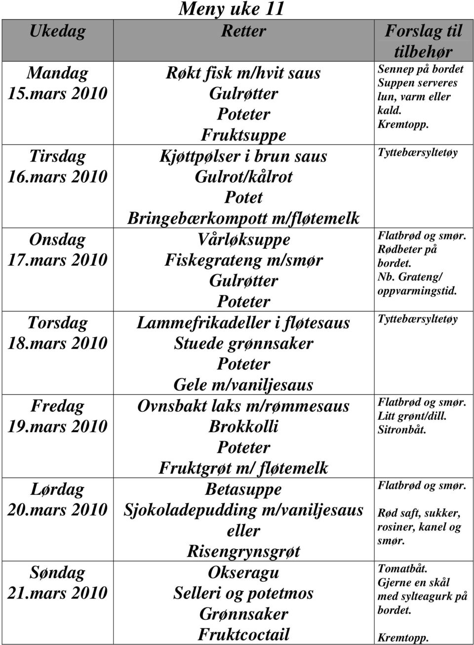 Lammefrikad i fløtesaus Stuede grønnsaker Gele m/vaniljesaus Ovnsbakt laks m/rømmesaus Brokkolli Fruktgrøt m/ fløtemelk Betasuppe Sjokoladepudding