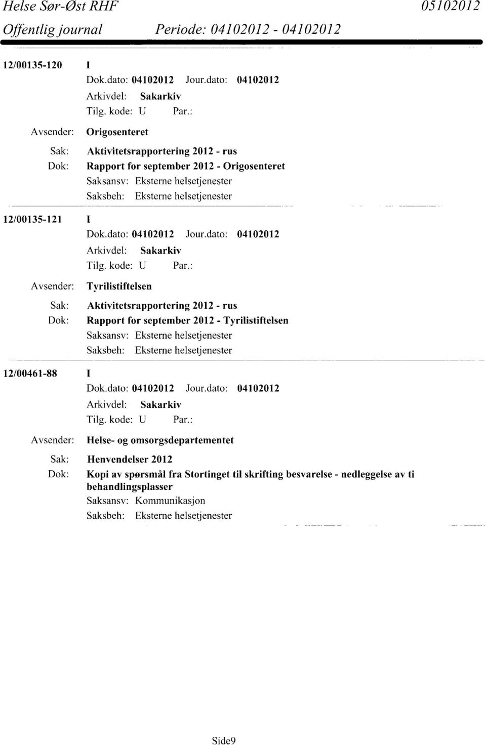 Tyrilistiftelsen 12/00461-88 Helse- og omsorgsdepartementet Sak: Henvendelser 2012 Dok: Kopi av spørsmål fra