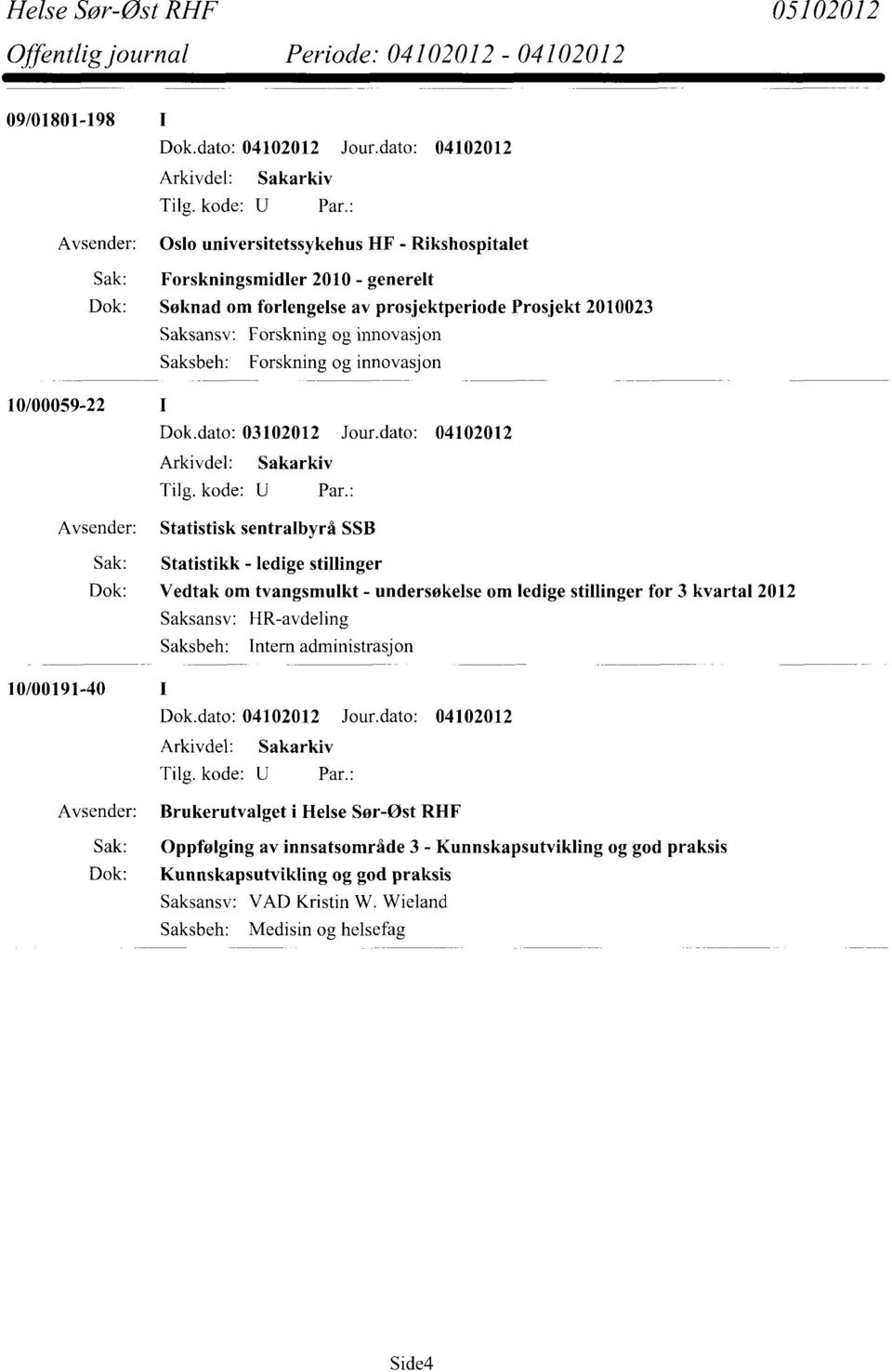 dato: 04102012 Statistisk sentralbyrå SSB Sak: Statistikk - ledige stillinger Dok: Vedtak om tvangsmulkt - undersøkelse om ledige stillinger for 3 kvartal 2012 Saksansv: HR-avdeling