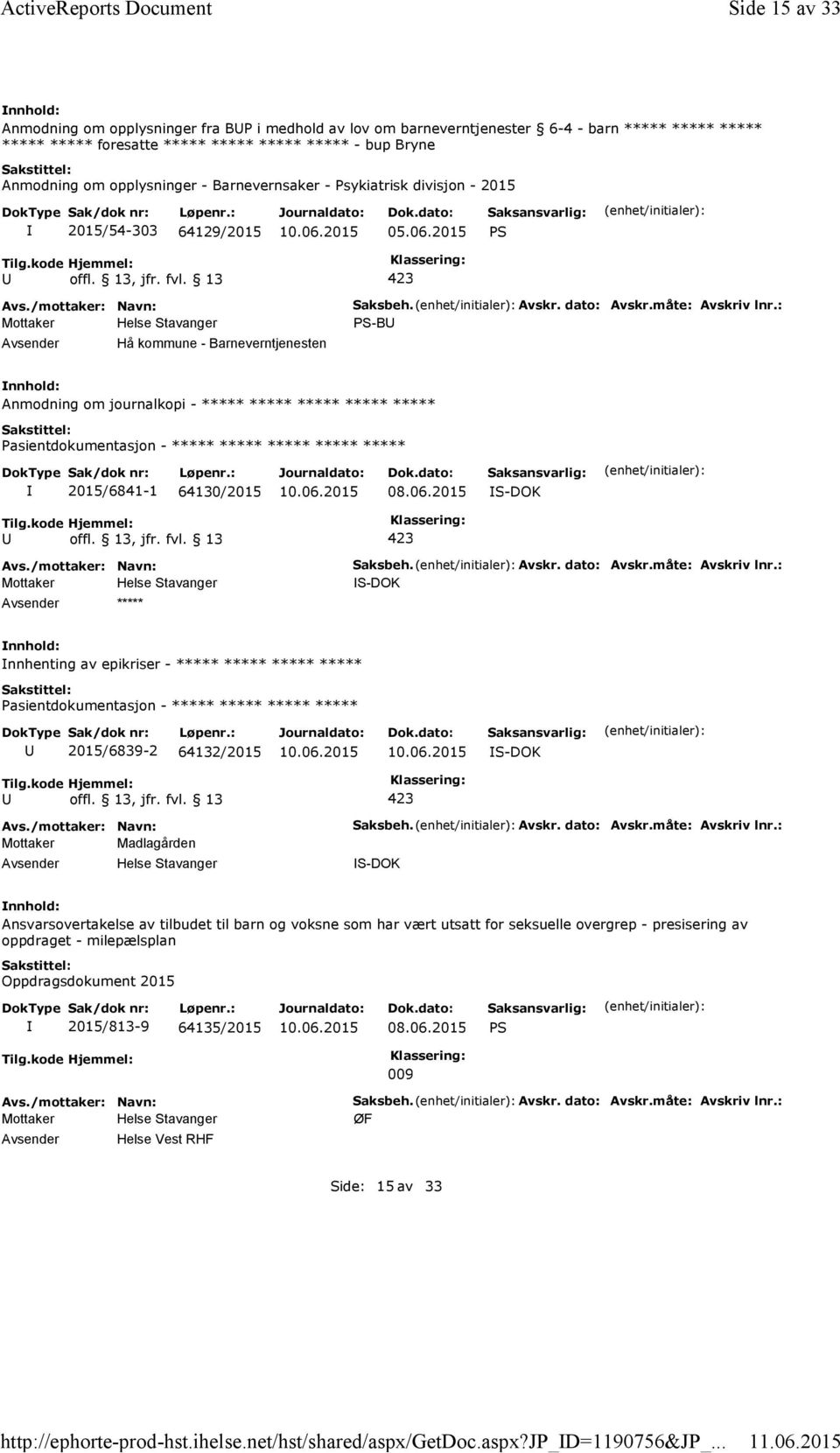 opplysninger - Barnevernsaker - Psykiatrisk divisjon - 2015 2015/54-303 64129/2015 Hå kommune - Barneverntjenesten Saksbeh. Avskr. dato: Avskr.måte: Avskriv lnr.