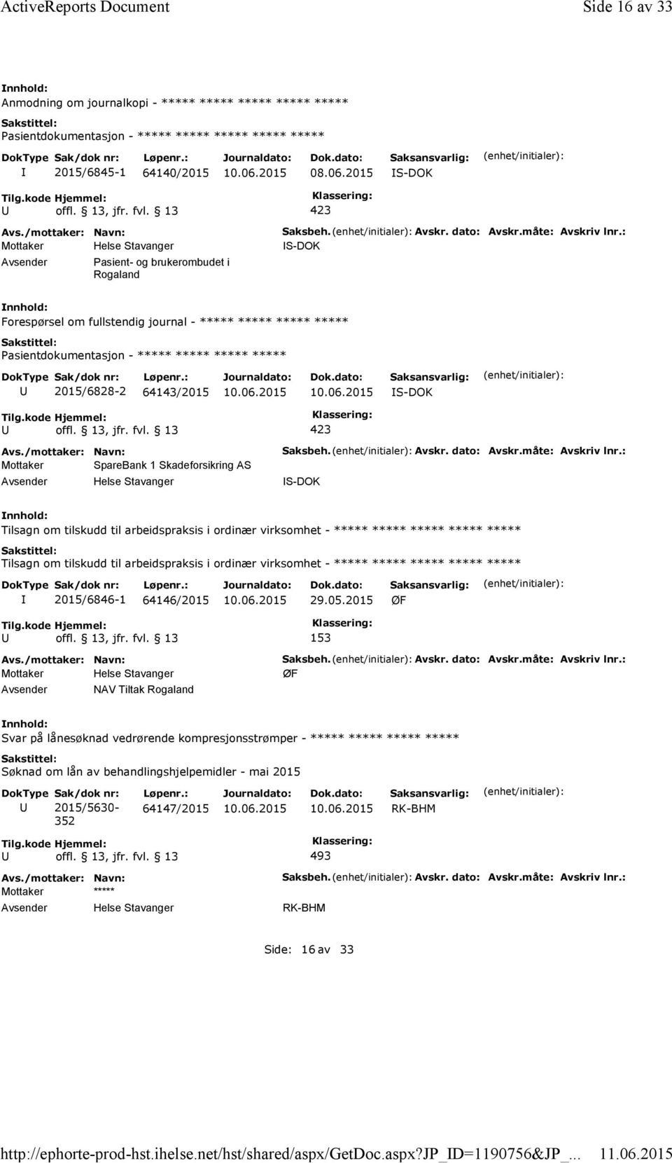 : S-DOK Forespørsel om fullstendig journal - ***** ***** ***** ***** 2015/6828-2 64143/2015 S-DOK Mottaker SpareBank 1 Skadeforsikring AS Helse Stavanger Saksbeh. Avskr. dato: Avskr.måte: Avskriv lnr.