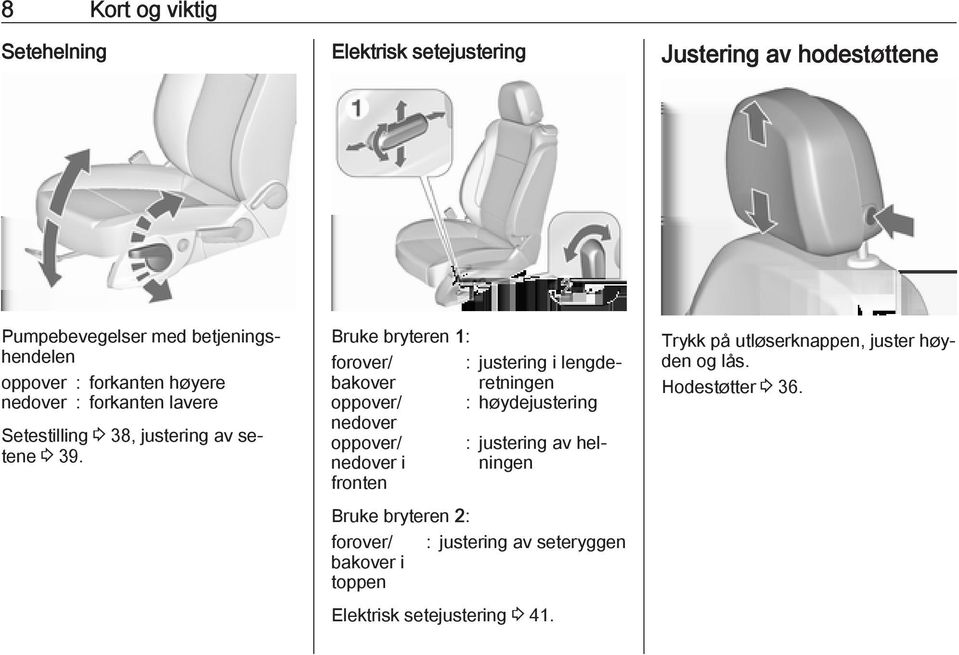 Bruke bryteren 1: forover/ : justering i lengderetningen bakover oppover/ : høydejustering nedover oppover/ : justering av helningen