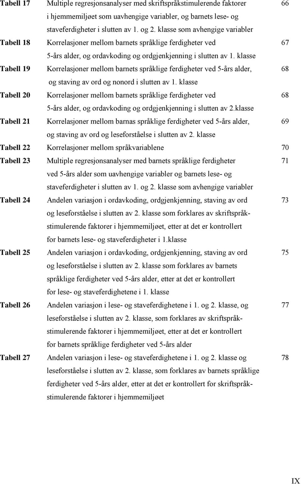 klasse Tabell 19 Korrelasjoner mellom barnets språklige ferdigheter ved 5-års alder, 68 og staving av ord og nonord i slutten av 1.