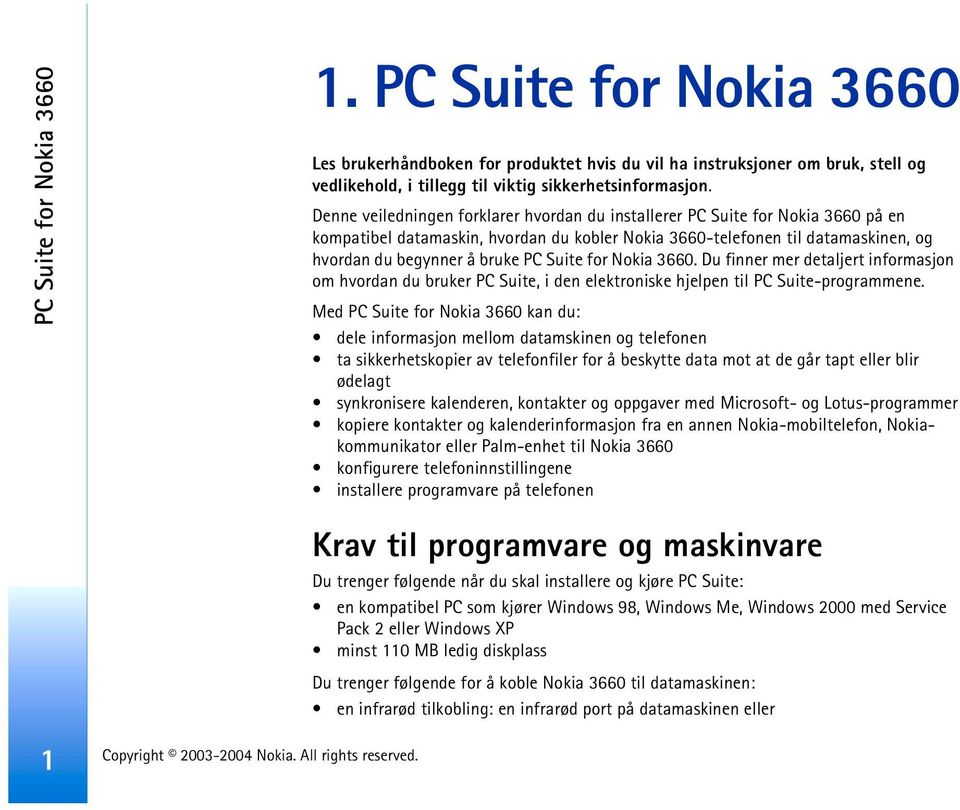 Suite for Nokia 3660. Du finner mer detaljert informasjon om hvordan du bruker PC Suite, i den elektroniske hjelpen til PC Suite-programmene.