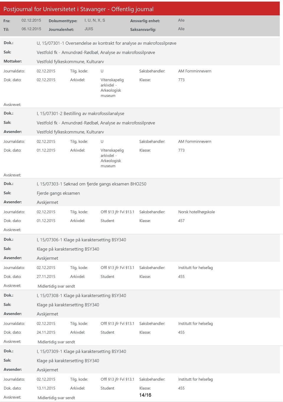 dato: Arkivdel: Vitenskapelig 773 arkivdel - Arkeologisk museum I, 15/07301-2 Bestilling av makrofossilanalyse Vestfold fk - Amundrød-Rødbøl, Analyse av  dato: 01.12.