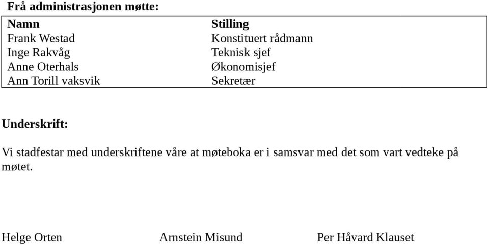 Underskrift: Vi stadfestar med underskriftene våre at møteboka er i samsvar