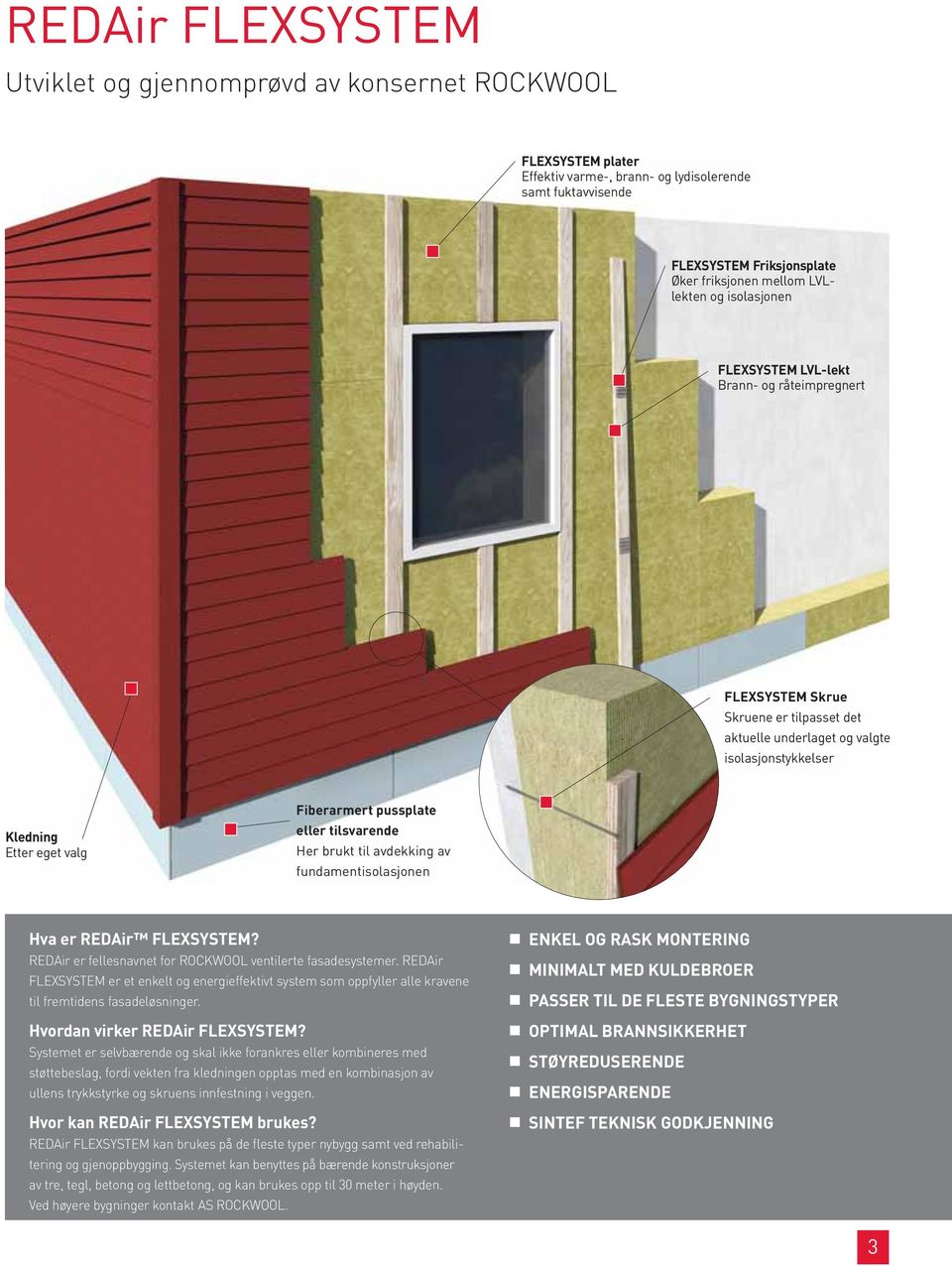 pussplate eller tilsvarende Her brukt til avdekking av fundamentisolasjonen Hva er REDAir FLEXSYSTEM? REDAir er fellesnavnet for ROCKWOOL ventilerte fasadesystemer.