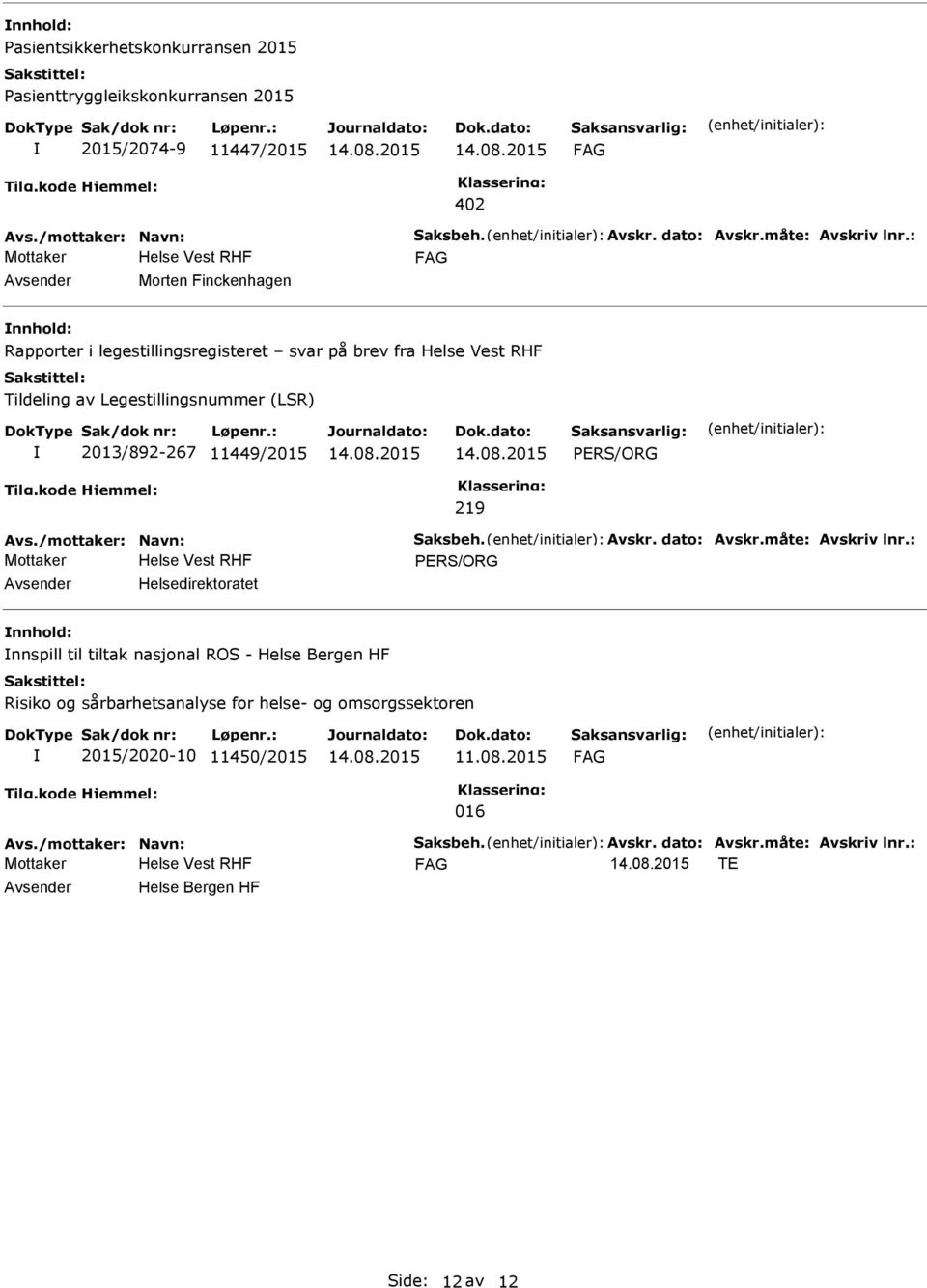 2013/892-267 11449/2015 219 Helsedirektoratet nnspill til tiltak nasjonal ROS - Helse Bergen HF Risiko og