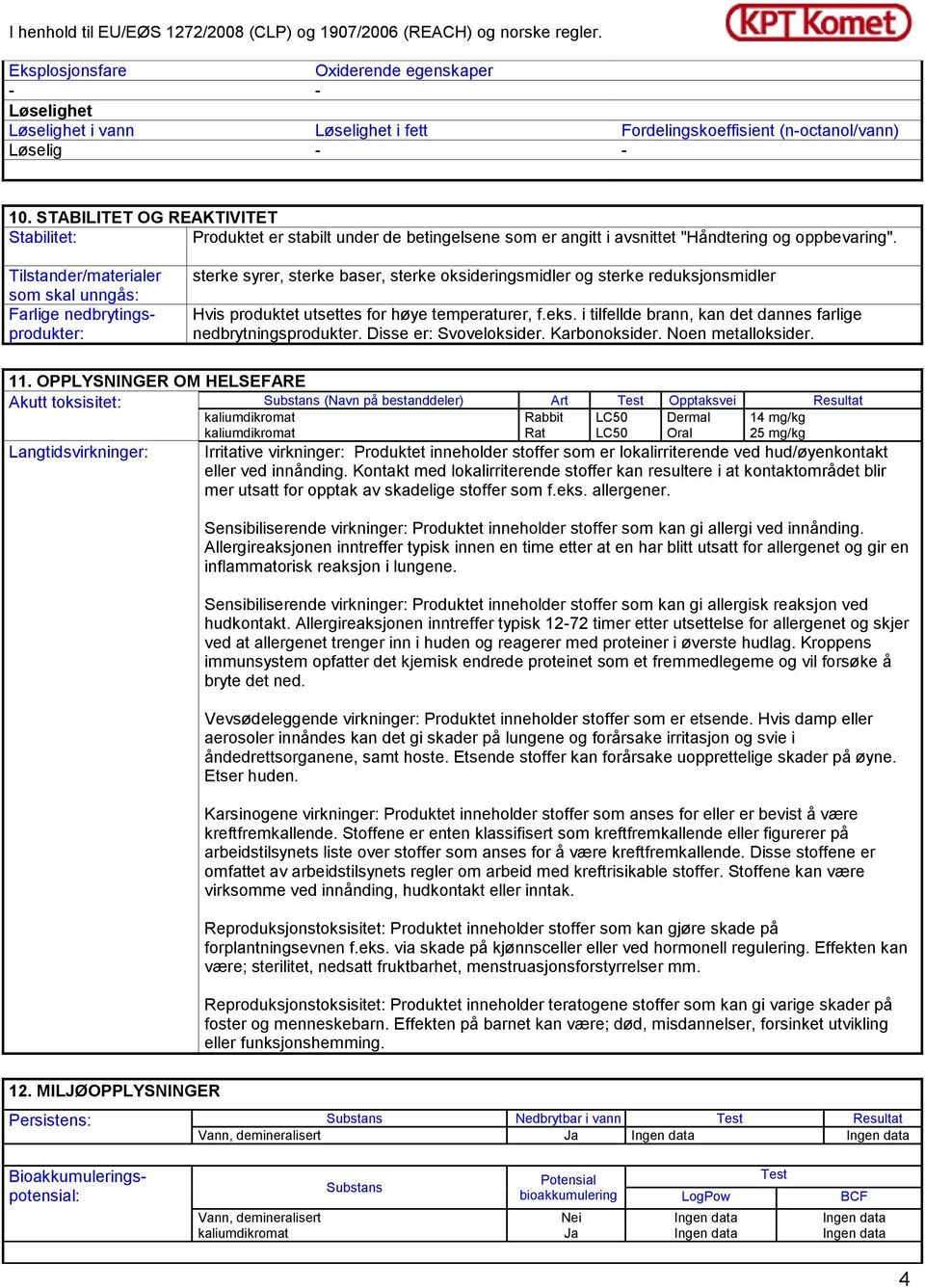 Tilstander/materialer som skal unngås: Farlige nedbrytingsprodukter: sterke syrer, sterke baser, sterke oksideringsmidler og sterke reduksjonsmidler Hvis produktet utsettes for høye temperaturer, f.