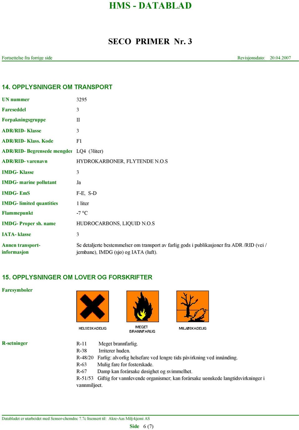 ARBONER, FLYTENDE N.O.S IMDG- Klasse 3 IMDG- marine pollutant Ja IMDG- EmS F-E, S-D IMDG- limited quantities 1 liter Flammepunkt -7 C IMDG- Proper sh.