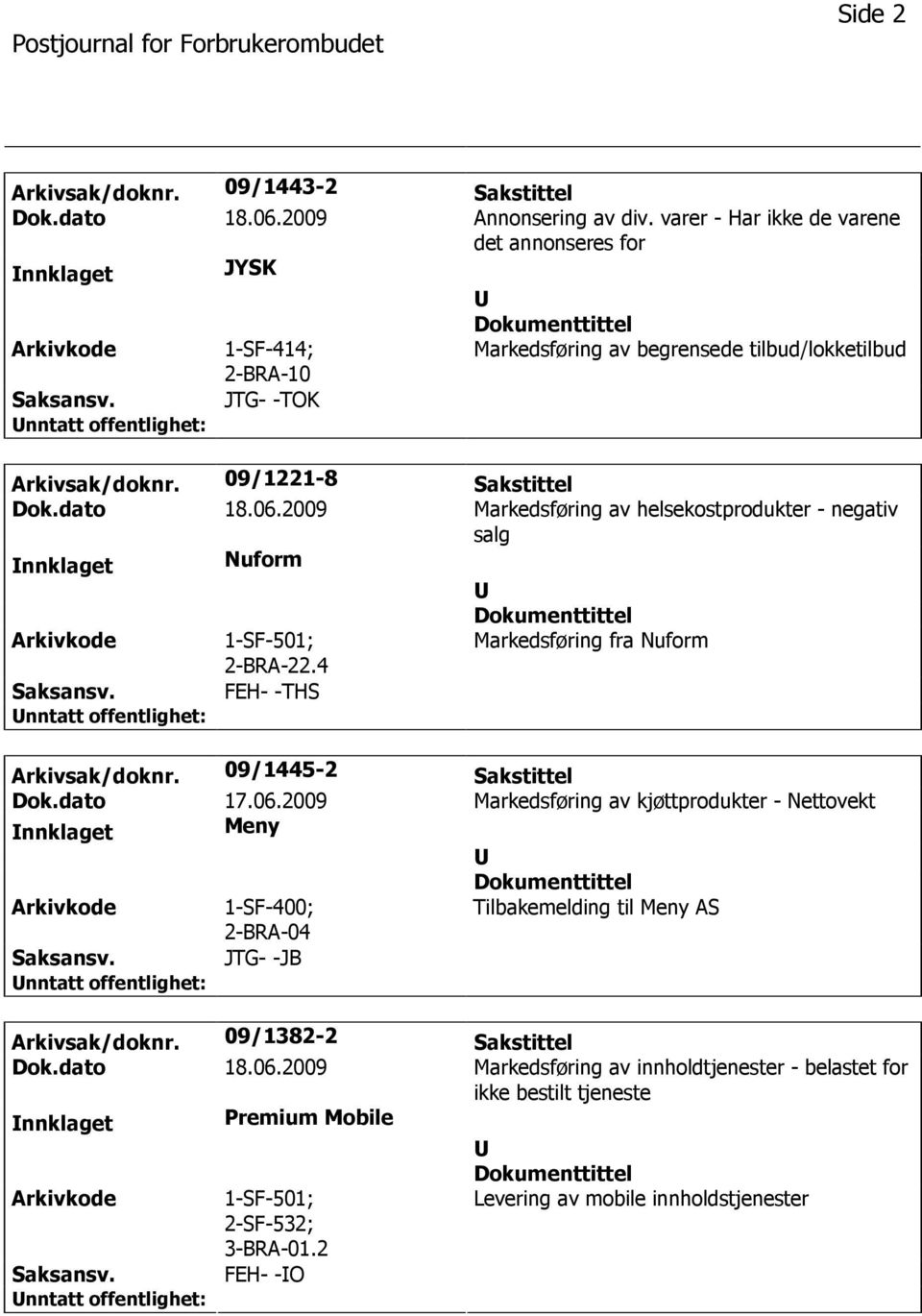 2009 Markedsføring av helsekostprodukter - negativ salg nnklaget Nuform 1-SF-501; 2-BRA-22.4 Markedsføring fra Nuform FEH- -THS Arkivsak/doknr. 09/1445-2 Sakstittel Dok.dato 17.06.