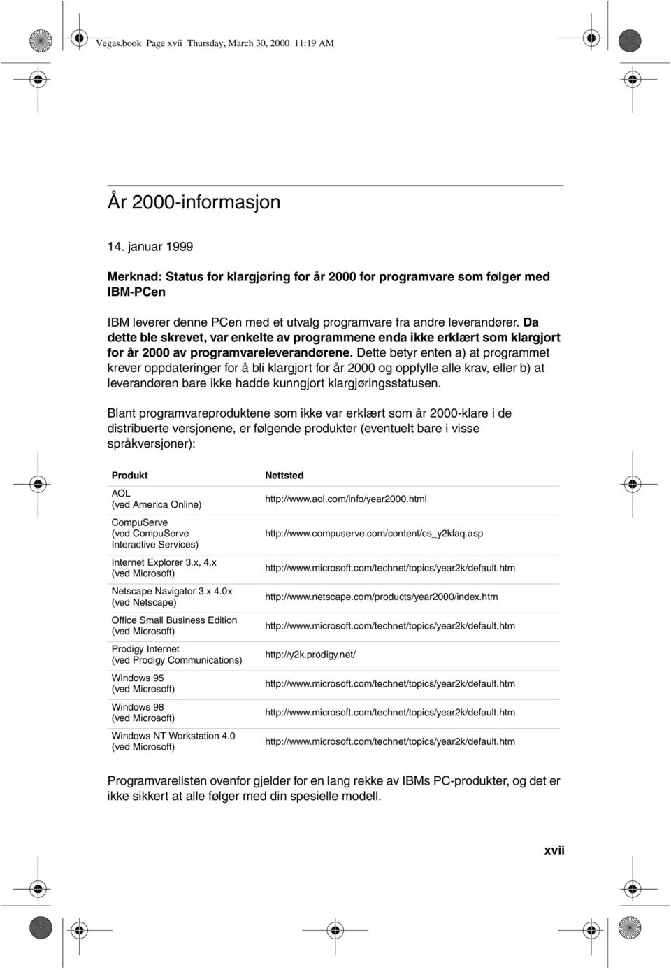 Da dette ble skrevet, var enkelte av programmene enda ikke erklært som klargjort for år 2000 av programvareleverandørene.