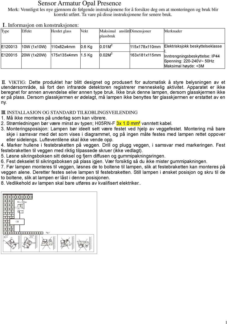 6 Kg 0.01M 2 115x178x110mm Elektrisksjokk beskyttelseklasse I. E120015 20W (1x20W) 175x135x4mm 1.5 Kg 0.