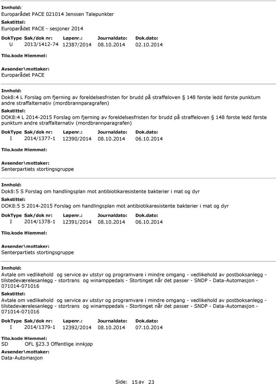 2014 Europarådet PACE Dok8:4 L Forslag om fjerning av foreldelsesfristen for brudd på straffeloven 148 første ledd første punktum andre straffalternativ (mordbrannparagrafen) DOK8:4 L 2014-2015