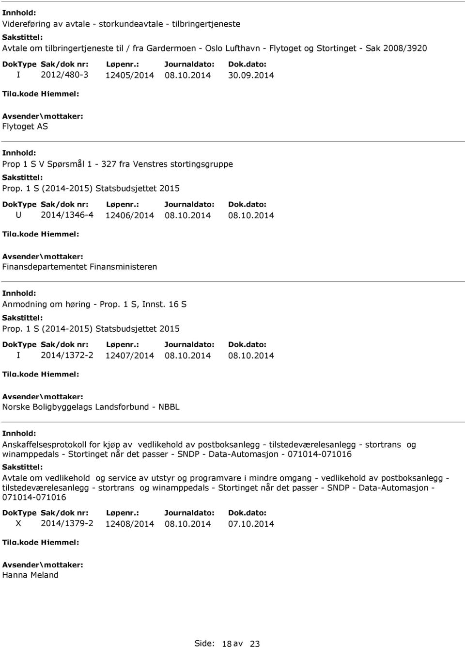 16 S 2014/1372-2 12407/2014 Norske Boligbyggelags Landsforbund - NBBL Anskaffelsesprotokoll for kjøp av vedlikehold av postboksanlegg - tilstedeværelesanlegg - stortrans og winamppedals - Stortinget