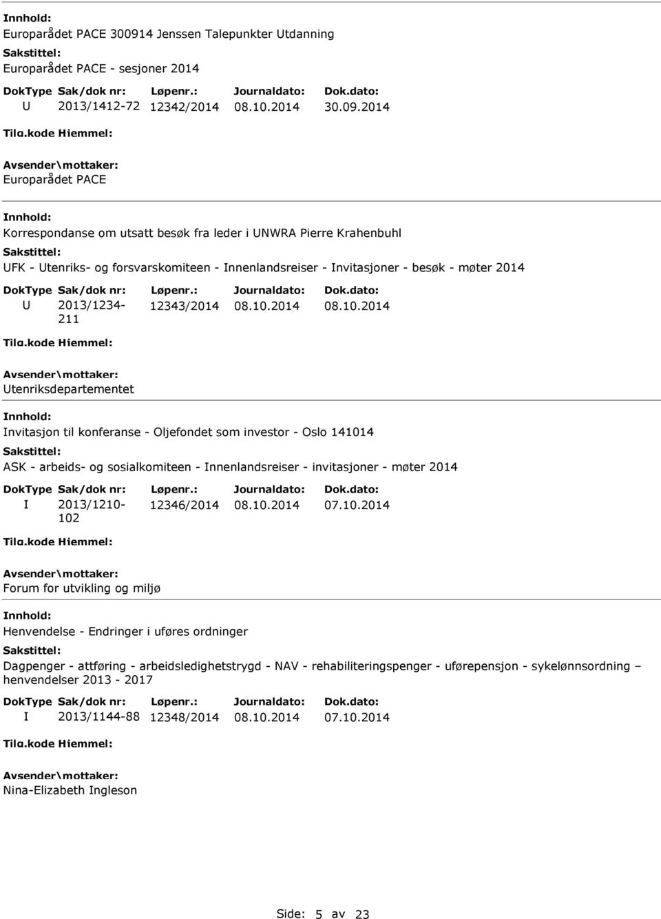 2014 Europarådet PACE Korrespondanse om utsatt besøk fra leder i NWRA Pierre Krahenbuhl FK - tenriks- og forsvarskomiteen - nnenlandsreiser - nvitasjoner - besøk - møter 2014 2013/1234-211