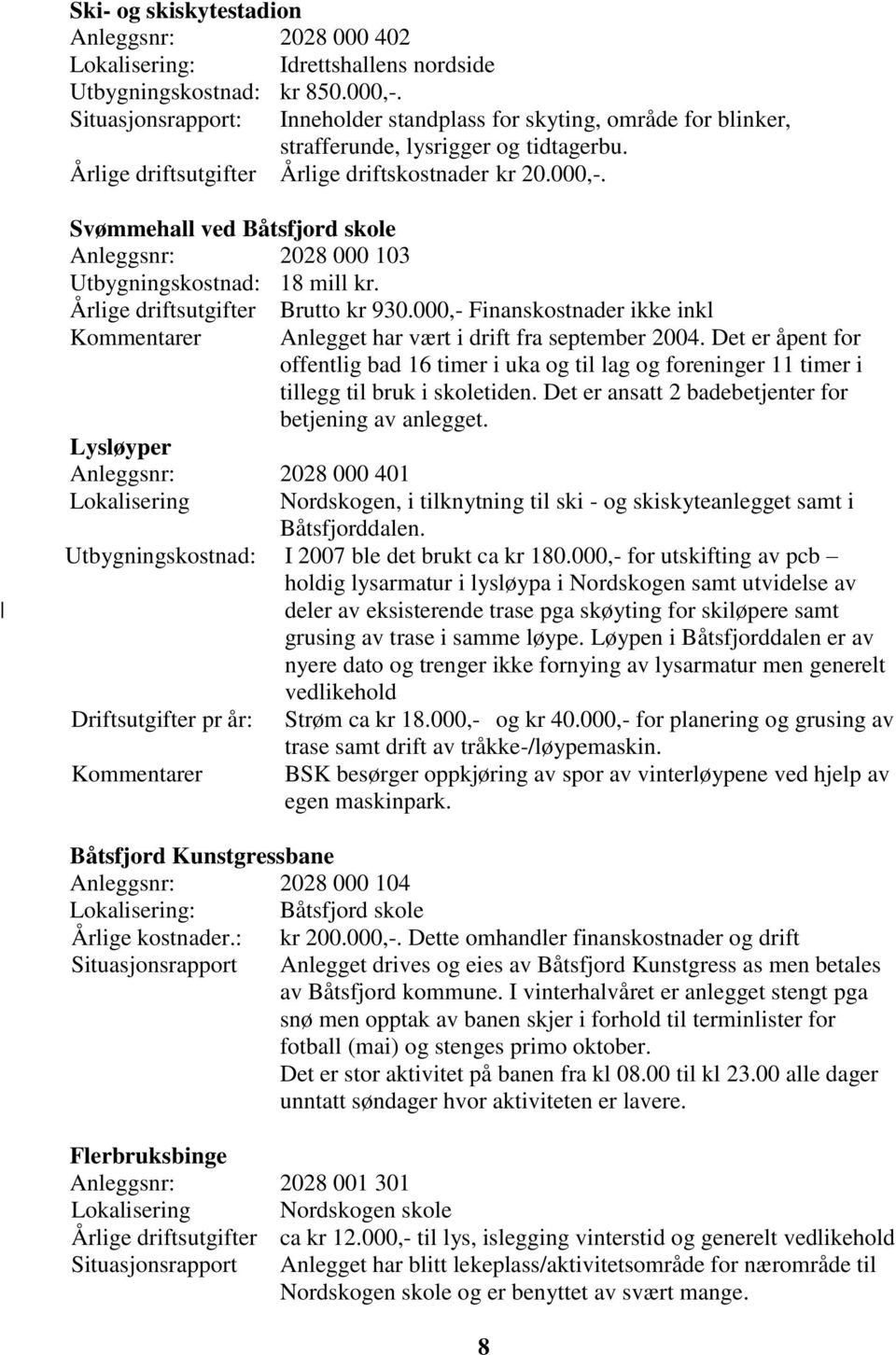 Svømmehall ved Båtsfjord skole Anleggsnr: 2028 000 103 Utbygningskostnad: 18 mill kr. Årlige driftsutgifter Brutto kr 930.