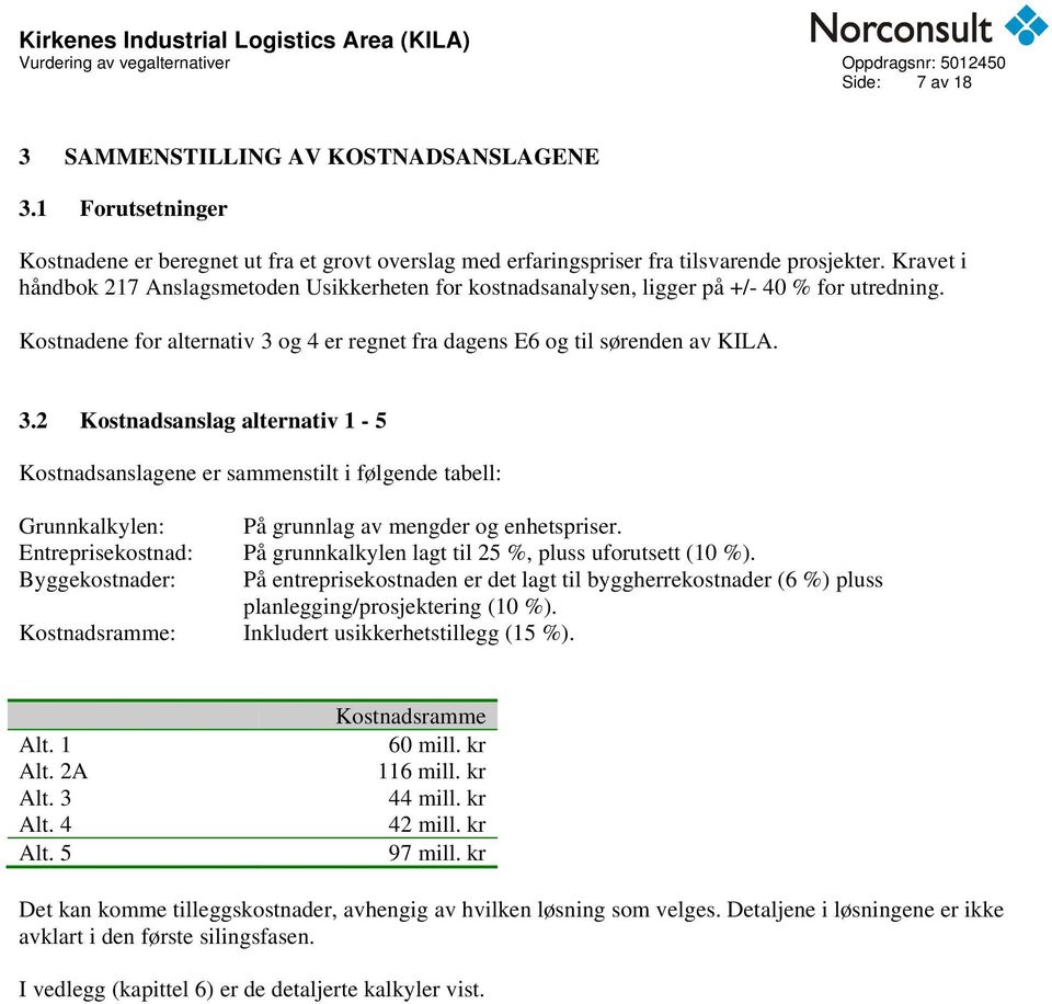 og 4 er regnet fra dagens E6 og til sørenden av KILA. 3.2 Kostnadsanslag alternativ 1-5 Kostnadsanslagene er sammenstilt i følgende tabell: Grunnkalkylen: På grunnlag av mengder og enhetspriser.