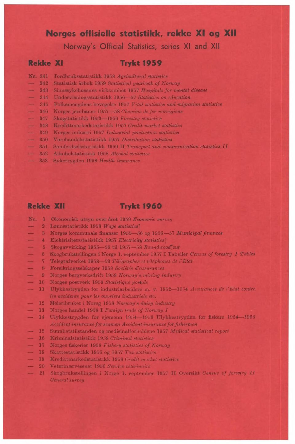 Undervisningsstatistikk 1956-57 Statistics on education 345 Folkemengdens bevegelse 1957 Vital statistics and migration statistics 346 Norges jernbaner 1957-58 Chemins de fer norvggiens 347